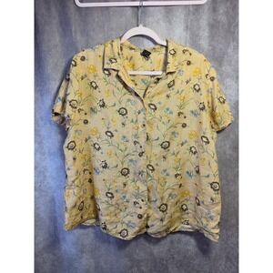 RF Sport Women's Yellow Floral Linen Short Sleeve Button Down Shirt Size 16